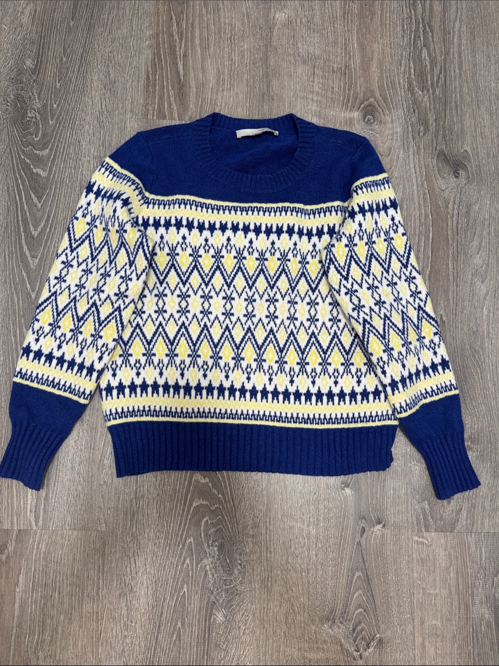 LOFT Blue, White & Yellow Fair Isle Crewneck Sweater